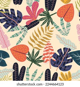 Seamless Tropical Botanical Background, Rainforest Plants, Nature Ornament for Textile. Floral Print with Exotic Monstera and Jungle Palm Leaves, Wallpaper or Wrapping Paper. Vector Illustration