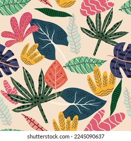 Seamless Tropical Botanical Background. Wallpaper or Wrapping Paper, Floral Print with Exotic Monstera and Jungle Palm Leaves, Rainforest Plants, Nature Ornament for Textile. Vector Illustration