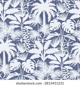 Seamless Tropical Botanical Pattern with Palm Trees, Monstera and Banana Leaves on Sage Green Background