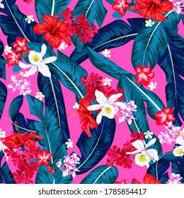 Seamless tropical bright pattern with banana leaves for textile