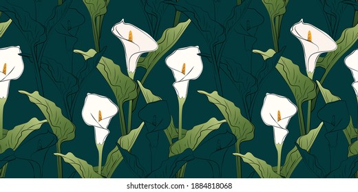 Seamless tropical calla lily flower pattern - All over exotic floral print - Vector