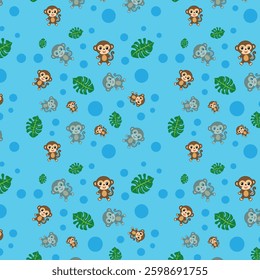 Seamless Tropical Cartoon Pattern with Monkeys, Elephants, and Green Leaves