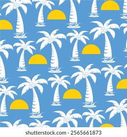 Seamless Tropical Coconut Tree and Sunset Pattern. A vibrant seamless pattern featuring white coconut trees and bright yellow sunsets against a blue background.