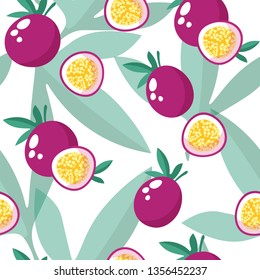 Seamless tropical colorful pattern with passion fruit and leaves on white background. Hand drawn vector exotic illustration. Template for print, textile, wallpaper cover, food design.