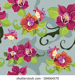 Seamless tropical decorative pattern wallpaper with colorful flowers and leaves vector illustration