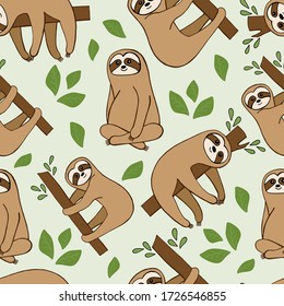 Seamless tropical drawing with funny sloths hanging from a tree in a cartoon. Perfect for postcards, invitations, parties, banners, kindergarten, baby shower, Vector tropical set of funny sloths