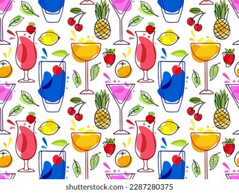 Seamless Tropical drinks and fruits pattern. Tasty cocktails or juice. Various colored drinks. Bright drinks. Repeated linear sketch vector illustration for wallpaper, textile, wrapping, scrapbooking.