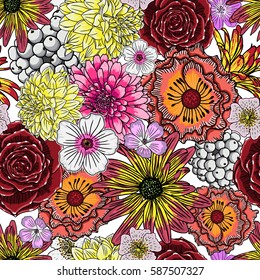 Seamless tropical exotic   domestic home flower pattern background  Endless background and petunia  coneflower  Aster    chamomile flowers blooms   leaves  Drawing vector 