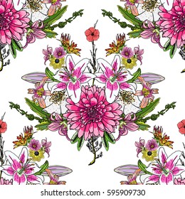 Seamless tropical exotic and domestic home flower pattern background. Endless background with petunia, coneflower, Aster, and chamomile flowers blooms and leaves. Drawing vector.