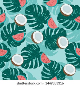 
seamless tropical exotic fruit pattern coconut watermelon and palm leaves for textiles and print clothes