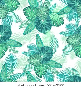 Seamless Tropical Exotic Jungle Palm Leaves Pattern. Endless botanical texture.