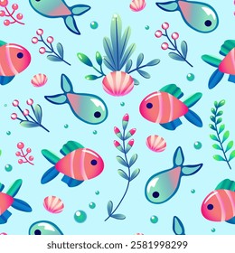 Seamless Tropical Fish and Coral Pattern. Colorful Underwater Scene with Fish and Sea Plants. Vibrant Fish and Marine Life Design