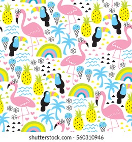 seamless tropical flamingo and toucan pattern vector illustration