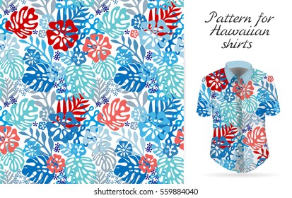 Seamless tropical floral background. Vector Hawaiian exotic flowers pattern on shirt mockup. Blue red colors backdrop. 
