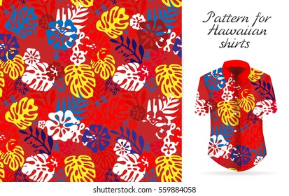 Seamless tropical floral background. Vector Hawaiian exotic flowers pattern on shirt mockup. Bright colors on red backdrop. 