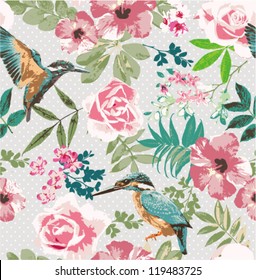 seamless tropical floral with birds on dot background pattern