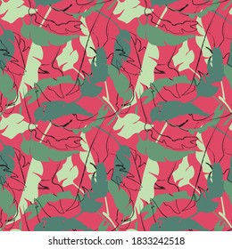 Seamless Tropical Floral Colorful Pattern - All Over Tropic Leaf - Leaves Exotic Print Vector