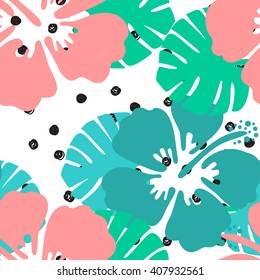 Seamless tropical floral pattern background. Hibiscus flower on black and white polka dot background, seamless pattern.