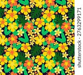 Seamless tropical floral pattern with bold yellow hibiscus, orange blooms, bright green leaves and plumeria on a deep dark purple background. Rich and dramatic jewel-toned design perfect for luxury packaging, premium fashion collections, festival merchandise and statement home textiles.
Note: This illustration was 100% hand-drawn by me 
using Inkscape. It is NOT AI-generated. 
I have the original source file with 
all paths and nodes as proof of manual creation.