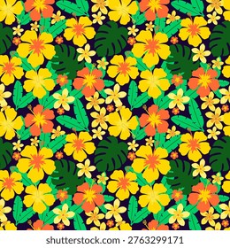 Seamless tropical floral pattern with bold yellow hibiscus, orange blooms, bright green leaves and plumeria on a deep dark purple background. Rich and dramatic jewel-toned design perfect for luxury packaging, premium fashion collections, festival merchandise and statement home textiles.
Note: This illustration was 100% hand-drawn by me 
using Inkscape. It is NOT AI-generated. 
I have the original source file with 
all paths and nodes as proof of manual creation.