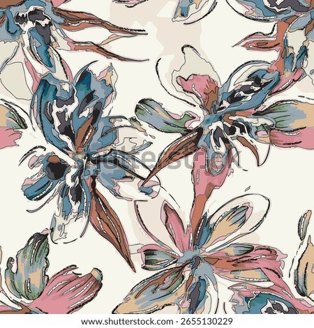 Seamless tropical floral pattern with bold, hand-drawn brush strokes and vivid colors. Artistic botanical background perfect for fabric, apparel, and home decor.