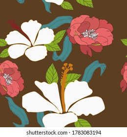 Seamless Tropical Floral pattern design vector illustration flower with brown background for fabrics, textiles, bullet journal, scrapbooking, wallpaper 