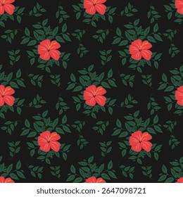 A seamless tropical floral pattern featuring red hibiscus flowers and lush green leaves on a black background. Perfect for fabric design, summer-themed products, wallpapers, wrapping paper