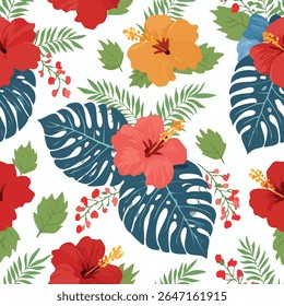 Ein nahtloses tropisches Blumenmuster mit lebhaften Hibiskusblumen und Monsterablötchen auf weißem Hintergrund. Perfekt für sommerliche Designs, Stoffdrucke, Verpackungen und tropische Urlaubsbilder