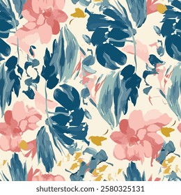 A seamless tropical floral pattern with hand-painted watercolor strokes, featuring lush blue leaves and soft pink flowers on a light background. Aesthetic botanical design perfect for fashion and deco