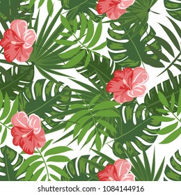 Seamless tropical floral pattern with hibiscus flowers, monstera and palm leaves.