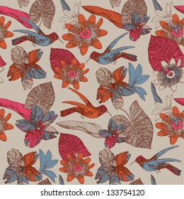 seamless tropical floral pattern with humming birds