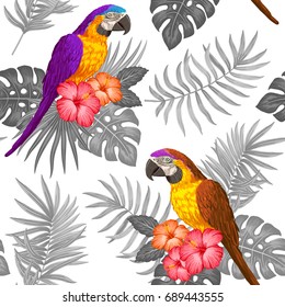 Seamless tropical floral pattern with macaw parrots, hibiscus and palm leaves