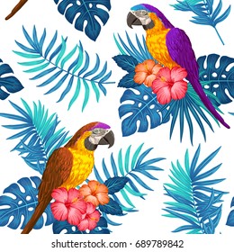 Seamless tropical floral pattern with macaw parrots, hibiscus and palm leaves
