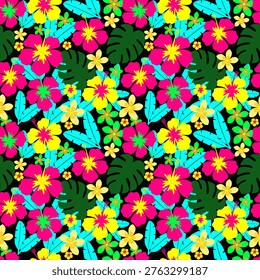 Seamless tropical floral pattern with neon magenta hibiscus, electric yellow flowers, bright cyan leaves and lime green accents on a pure black background. Striking neon botanical aesthetic perfect for nightlife event branding, Gen Z fashion, music festival merchandise and premium dark-themed packaging.
Note: This illustration was 100% hand-drawn by me 
using Inkscape. It is NOT AI-generated. 
I have the original source file with 
all paths and nodes as proof of manual creation.