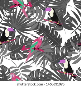 Seamless tropical floral pattern with parrot and toucan, monster leaves, palm and banana.