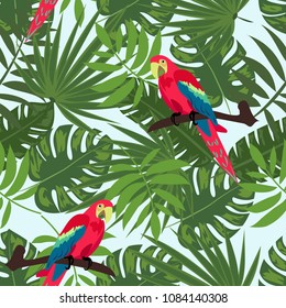 Seamless tropical floral pattern with parrots, hibiscus and palm leaves. Monstera.