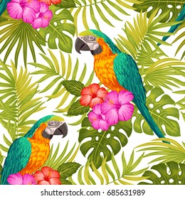 Seamless tropical floral pattern with parrots, hibiscus and palm leaves