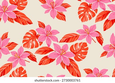 Patrón floral tropical sin fisuras con flores rosadas y hojas rojas sobre fondo beige Diseño botánico moderno para papel de envoltura de Fondo de pantalla de tela.