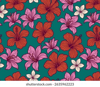 Seamless tropical floral pattern with red hibiscus, pink lilies, and cream plumeria on a teal background. Vibrant botanical design for summer fabrics and wrapping paper.