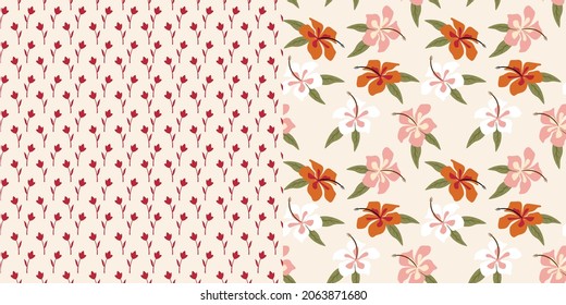 Seamless tropical floral pattern set. Hibiscus flower large scale design. 