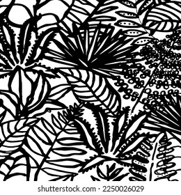 Patrón floral tropical sin foco con siluetas de hojas de palma aisladas en fondo blanco. dibujar a mano.
