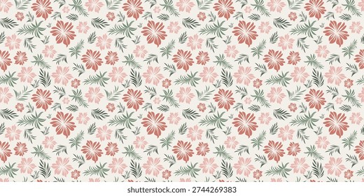 Seamless tropical floral pattern with stylized pink flowers and green palm leaves on light beige background.