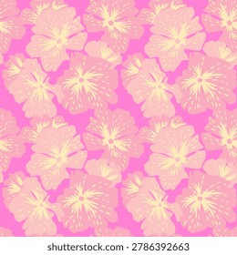 Seamless tropical floral pattern with stylized hibiscus flowers in peach and cream on vibrant pink background. Bright feminine repeat ideal for textiles, packaging, wallpaper and summer designs