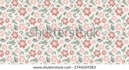Seamless tropical floral pattern with stylized pink flowers and green palm leaves on light beige background.