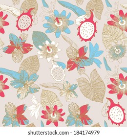 Seamless tropical floral pattern. Vector illustration.