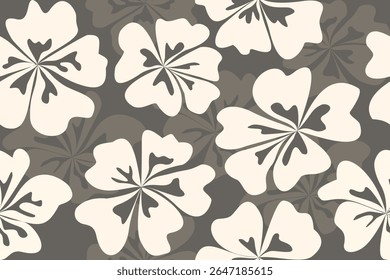 Padrão floral tropical sem emenda. Padrão floral de hibisco vintage sem costura em tons macios de taupe e bege. Projeto floral tropical retrô. Padrão de flor vintage sem costura. Motivo de flor retro decorativo.
