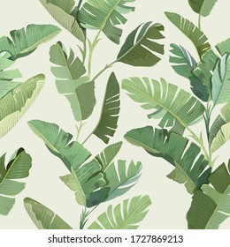 Seamless Tropical Floral Print with Exotic Green Jungle Banana Palm Leaves on Beige Background. Rainforest Wild Plants Wallpaper Template, Natural Textile Ornament, Fabric Design. Vector Illustration