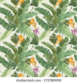 Seamless Tropical Floral Print with Exotic Green Jungle Banana Palm Leaves, Flowers and Fruits on Beige Background. Rainforest Plants Wallpaper, Textile Ornament, Fabric Design. Vector Illustration