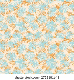 Patrón de Vector floral tropical sin fisuras con hojas de palma abstractas y superposiciones texturizadas en azul suave y naranja vibrante sobre un fondo claro, perfecto para diseños de tela, Fondo de pantalla y verano