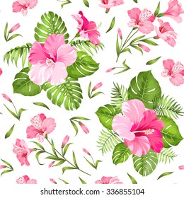 Seamless tropical flower. Blossom flowers. Seamless pattern background. Vector illustration.